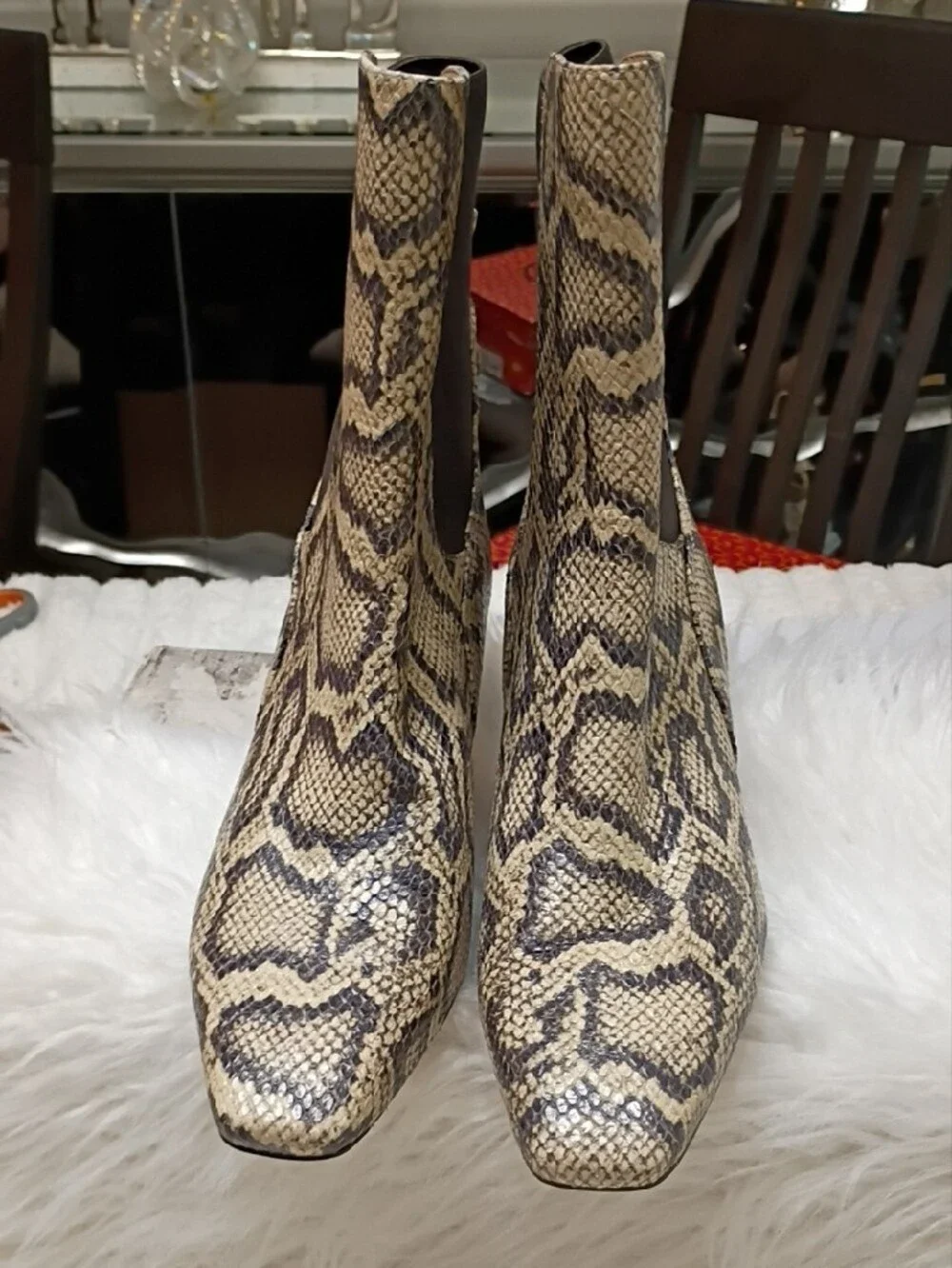 New Sam Edelman Margo Leather Snake-Print Chelsea Ankle Boots in Beige and Black